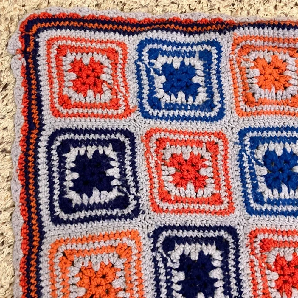 Vintage‎ Handmade Crochet Granny Square Afghan Blanket Orange Grey Blue 55x65